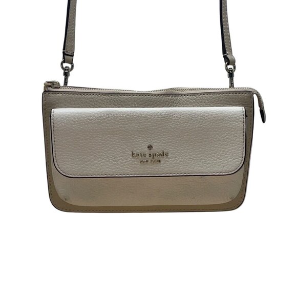 Kate Spade Beige & White Pebbled Leather Front Pocket Leila Crossbody Bag Sz S - Picture 1 of 14